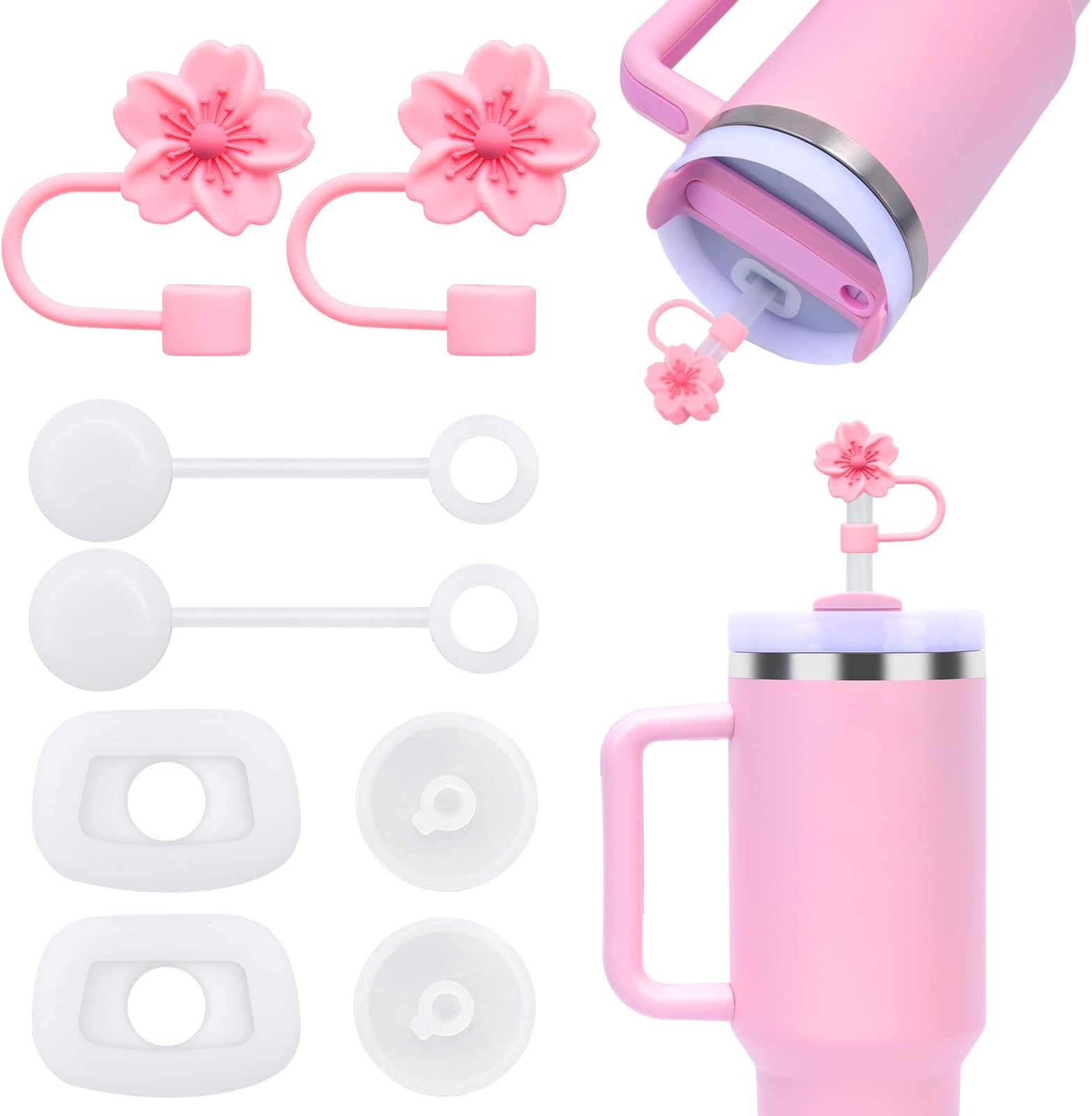 Spill Stopper for Stanley Cup 40oz/30oz, 8pcs Silicone Spill Proof Stoppers for V2.0 Stanley Cup with Pink Cherry Blossom Straw Covers