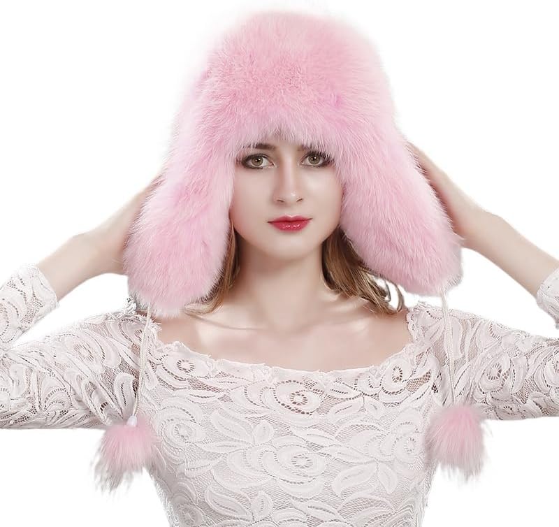 Real Fox Fur Trapper Hat with Earflap, Genuine Sheepskin Leather Shell Winter Warm Windproof Hat
