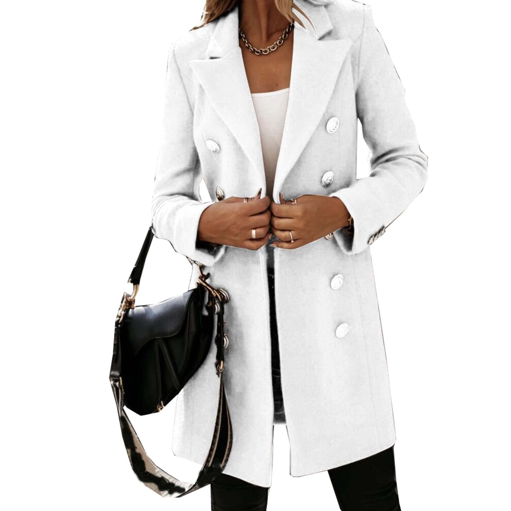 Wjanyhn Women's White Autumn And Winter Leisure Exquisite Fashion Long-Sleeved Suit Collar Double-Breasted Nizi Jacket Windbreaker Coat