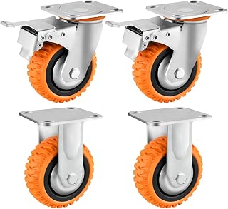5 Inch Heavy-Duty Polyurethane Caster Wheels (750 lbs Per Wheel)–360° Swivel & Dual-Lock Brake, Non-Marking & Anti-Slip,or Industrial Carts,Workbench,Cabinets – 4-Pack with M10 Mounting Hardware