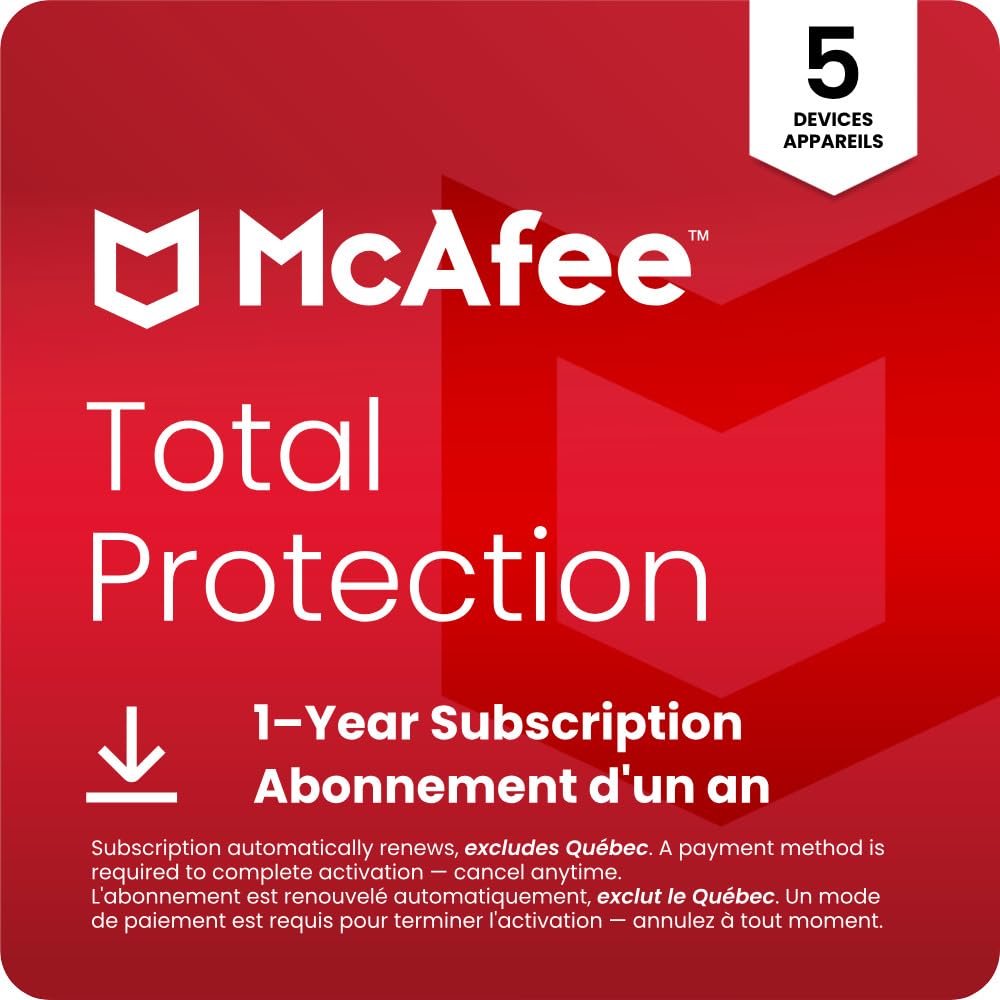 McAfee Total Protection 2026 Ready | 5 Device | Cybersecurity Software Includes Antivirus  Secure VPN  Password Manager and Dark Web Monitoring | 1 Year Subscription with Auto-Renewal | Online Code