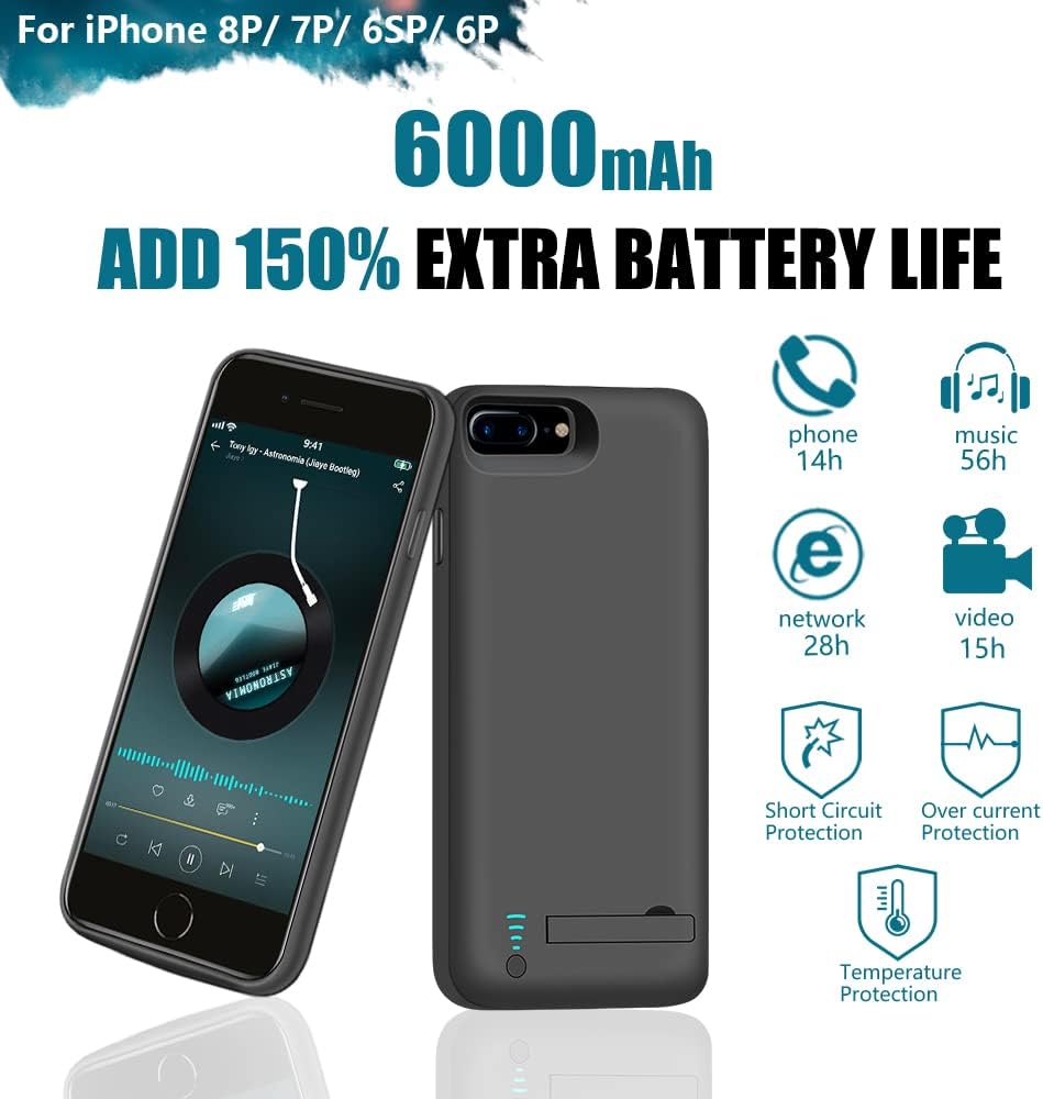 RUNSY Battery Case Compatible with iPhone 8 Plus / 7 Plus / 6S Plus / 6 Plus, 6000mAh Rechargeable Extended Battery Charging / Charger Case, Adds 1.5x Extra Juice, Supports Wired Headphones (5.5 inch)