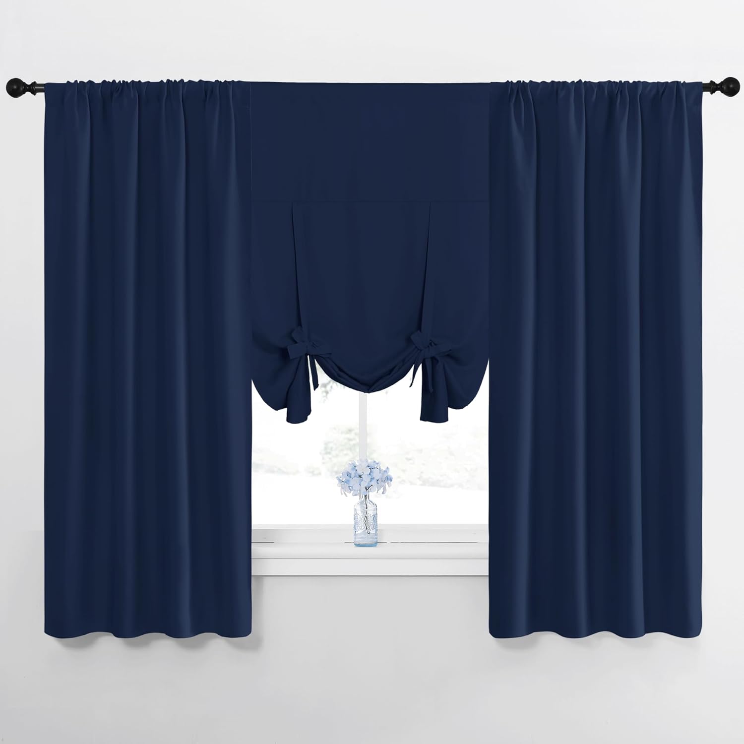 NICETOWN 1 Panel 46" x 63" Tie up Curtain with 2 Panles 42" x 63" Rod Pocket Blackout Curtains for Living Room Thermal Insulated Window Shade for Bedroom, Navy