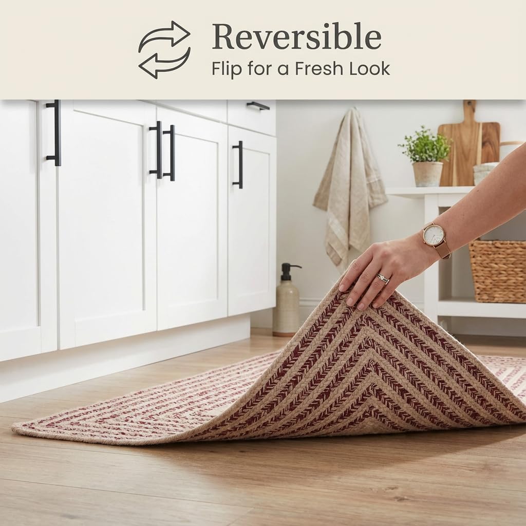 Cotton Braided Rug - 20" X 30" Beige and Burgundy Rectangle Woven Farmhouse Rug for Bathroom - Braided Minimalist Rugs for Kitchen - Rustic Primitive Rugs for Entryway