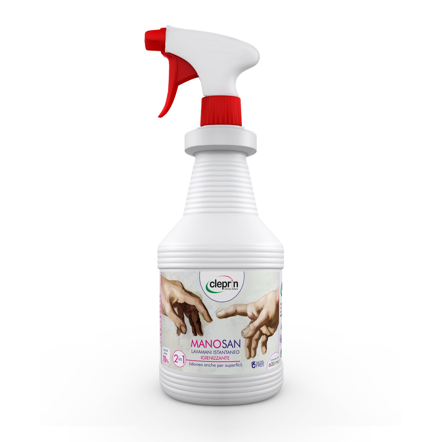 MANO SAN Detergente Igienizzante, Base Alcolica 70%+, Per Mani e Superfici, Spray Istantaneo, Per Tessuti e Mascherine, Formula 100% sicura
