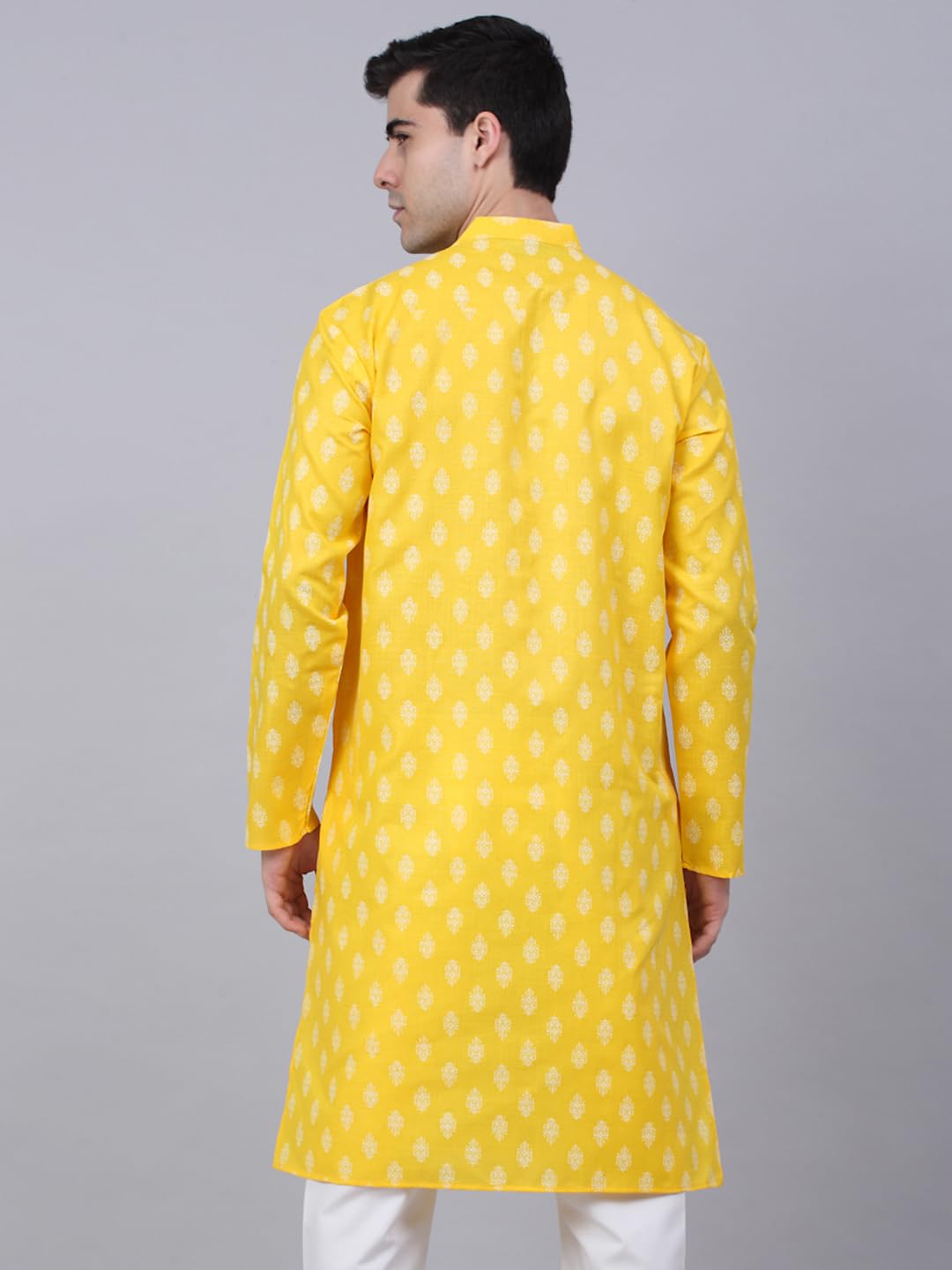 Jompers Men's Cotton Floral Printed Kurtas (Lemon, M)