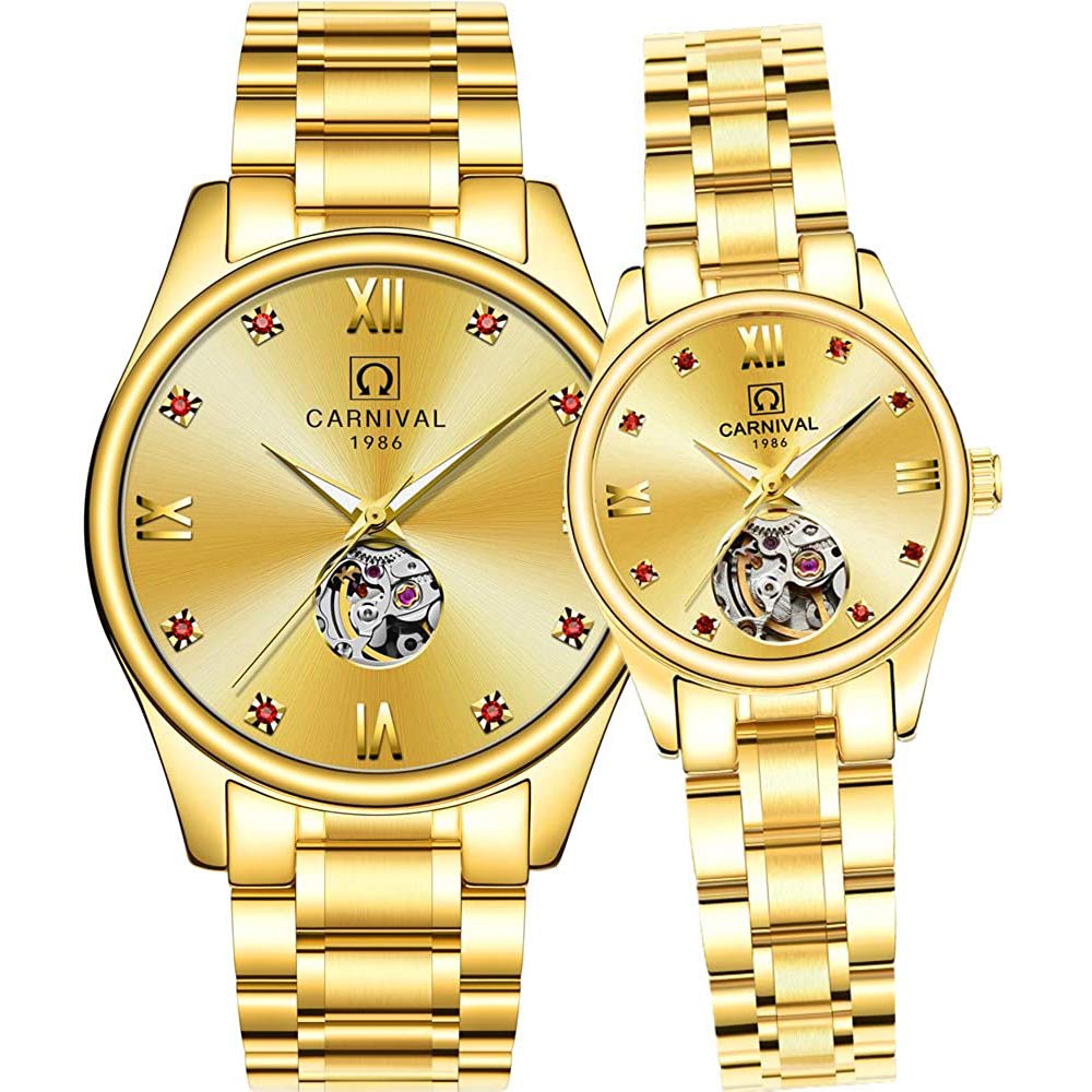 MASTOP Swiss Couple Watches - Reloj mecánico automático para hombre y mujer, esfera de diamante luminoso, dorado, plateado, juego de 2