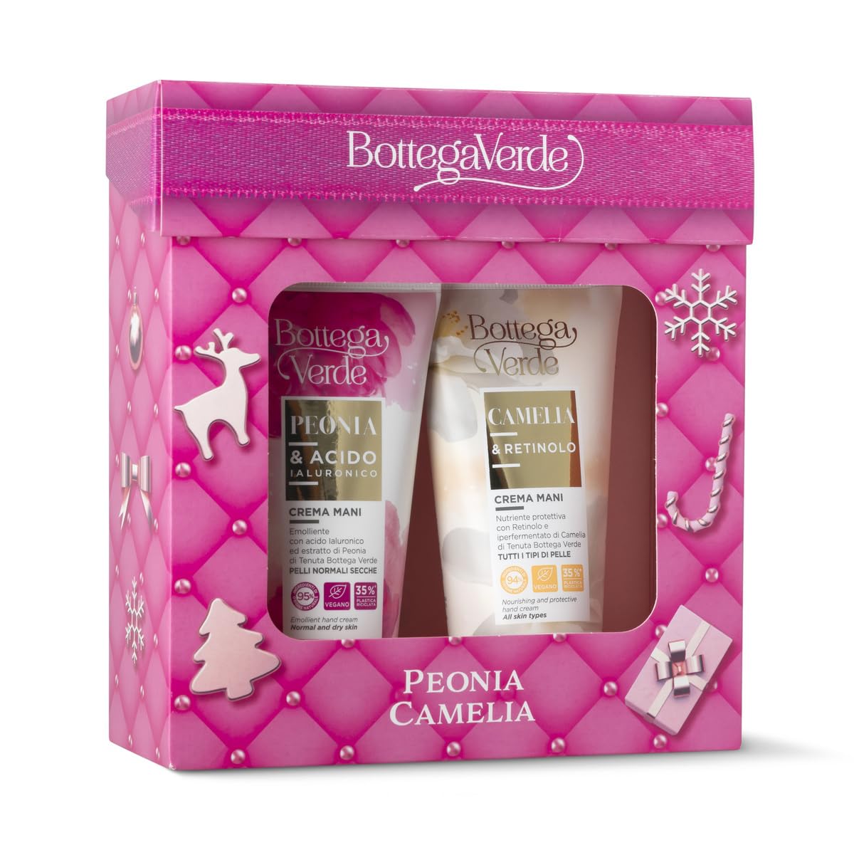 Bottega Verde - Cofanetto Regalo con 2 Creme Mani, Peonia e Acido Ialuronico 75 ml, Camelia e Retinolo 75 ml, Nutriente e Idratante, Vegane, Idea Regalo