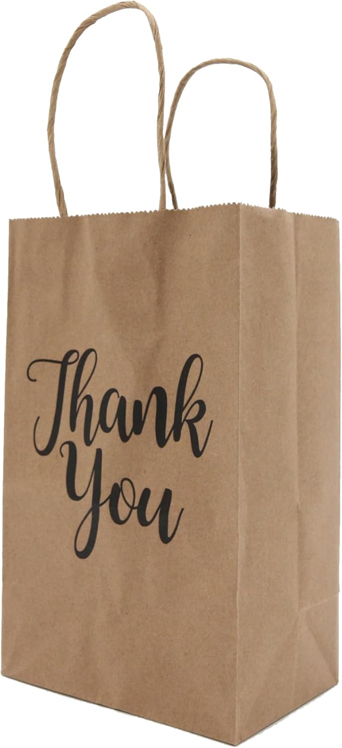 Small Kraft Thank You Paper Shopping Bags - 5L X 3.5D X 8.25H - Case of 100