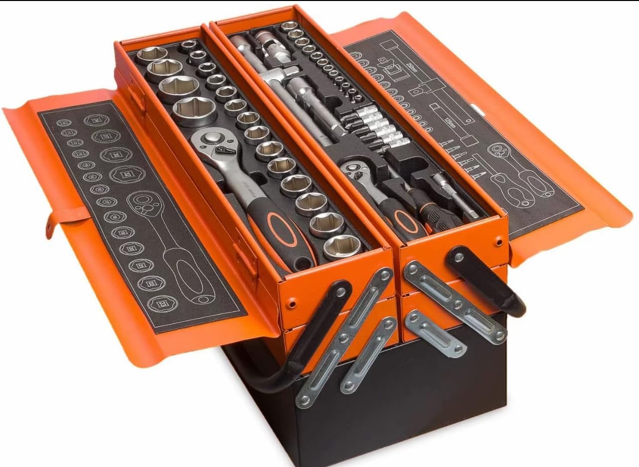 Cassetta Attrezzi Professionale in Metallo con 85 Pezzi, Set Utensili Completo con Chiavi a Bussola, Cricchetto, Pinze e Cacciaviti, Arancione e Nero
