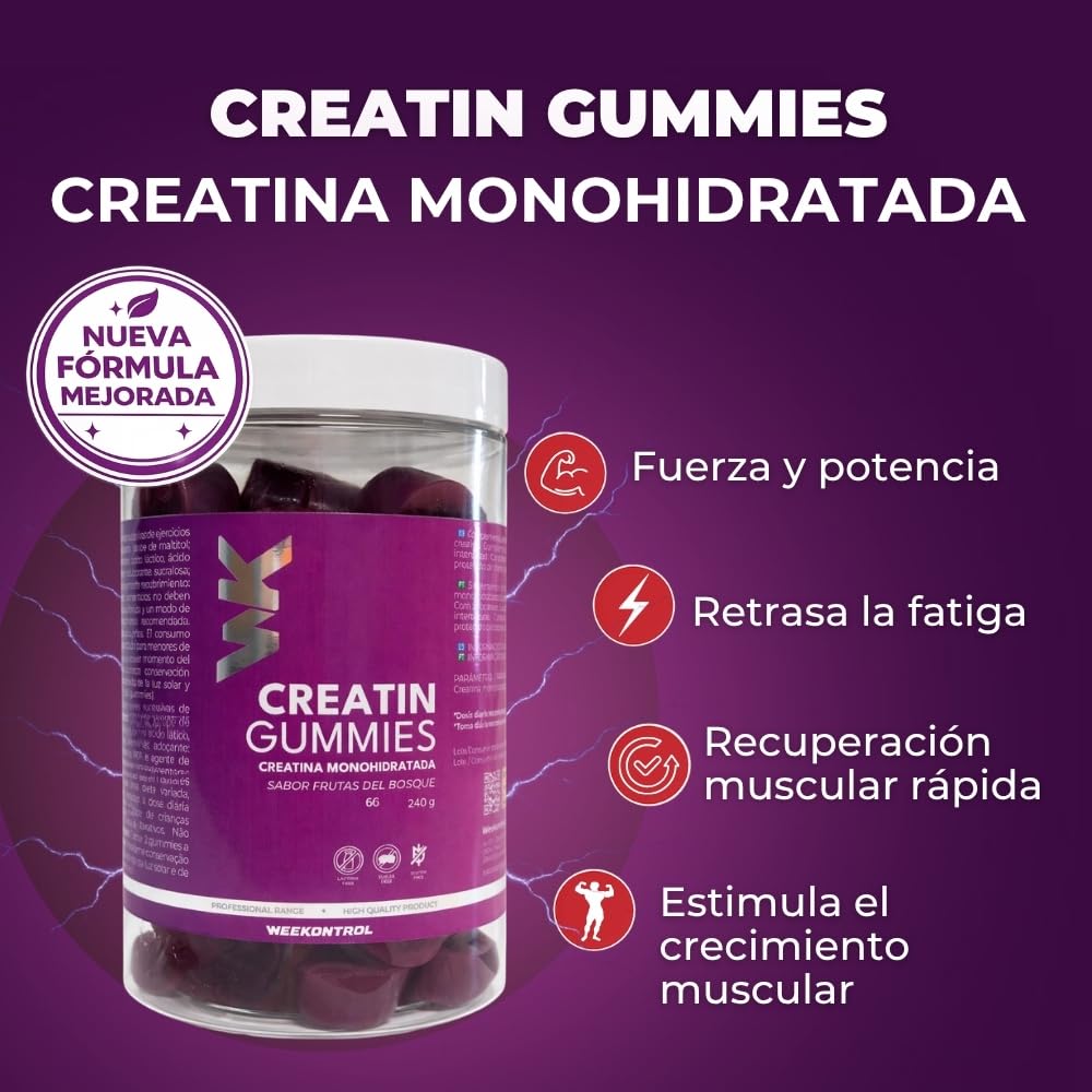 Gominolas de Creatina Monohidratada Sin Gluten, Sin Lactosa. Suplemento Deportivo en Gominolas de Creatina Pura para Fuerza, Recuperación y Crecimiento Muscular (Pack 2 unidades)