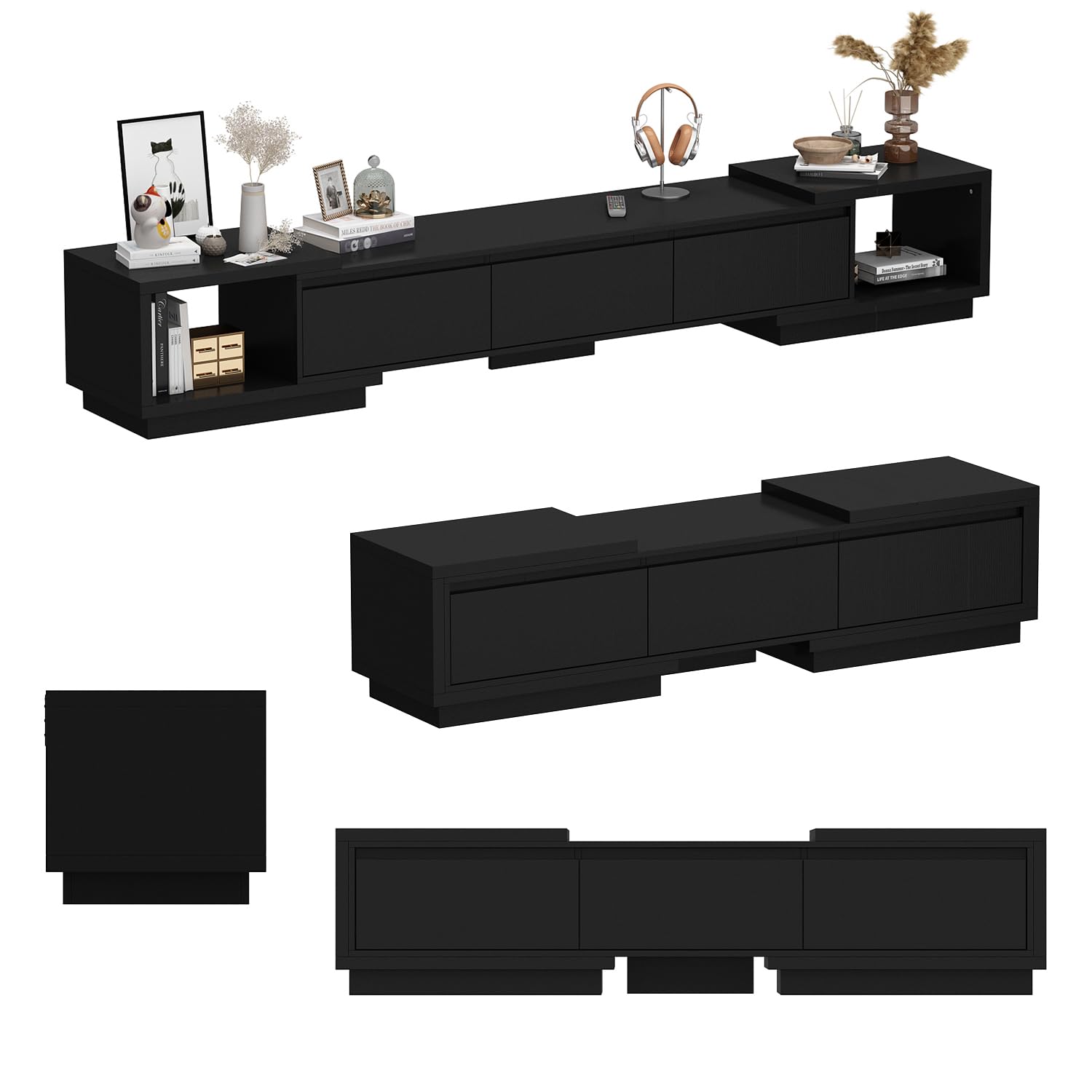 Caldion Verstellbares TV Schrank,160-270 cm Breit,Lowboard für Fernseher,Fernsehtisch mit 3 Schubladen,Tv Board,Tv Tisch,TV Bank,für Wohnzimmer Schlafzimmer,Schwarz,270x40x39cm