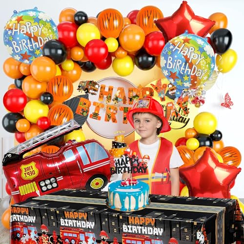 Image of Rozi Decoration Latex, Foil, Cardstock Fireman Theme Birthday Decoration Items For Girl, Boy, Kids Birthday Decor, Firefighter Fire Truck Theme Birthday Decorations Pack Of 73 Pieces, Multicolor