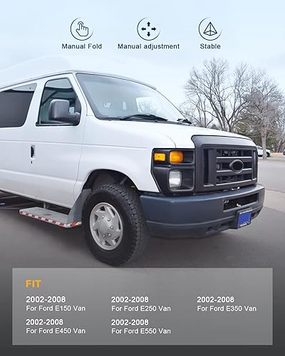 Miniatura 5 de Juego de espejos laterales para Ford E150 E250 E350 E450 E550 Van plegable manual, sin calefacción, luz de charco, color negro liso