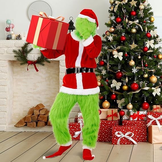 CCXBDY Zöld Karácsonyi Jelmez Felnőtteknek - 7 Részes Mikulás Szett, Zöld Szörny Halloween Farsangi Cosplay Kellékek Férfiaknak és Nőknek
