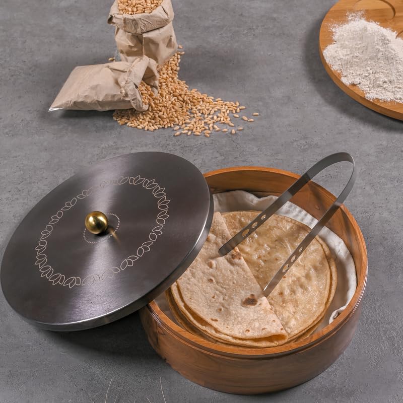 Image of Wooden Chapati Box for Kitchen - Casserole for Roti with Stainless Steel Brass Lid | Wooden Chapati Box with 1 Tong | Traditional Kitchen Organizer - GunMetal (Lotus Bloom Laser Etching)