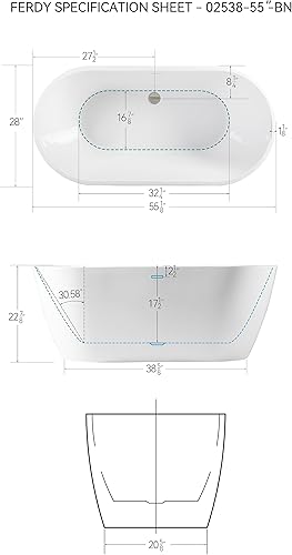 Miniatura 6 de FerdY Bali - Bañera independiente de 55 pulgadas, color blanco brillante con drenaje de níquel cepillado y desbordamiento ranurado integrado,