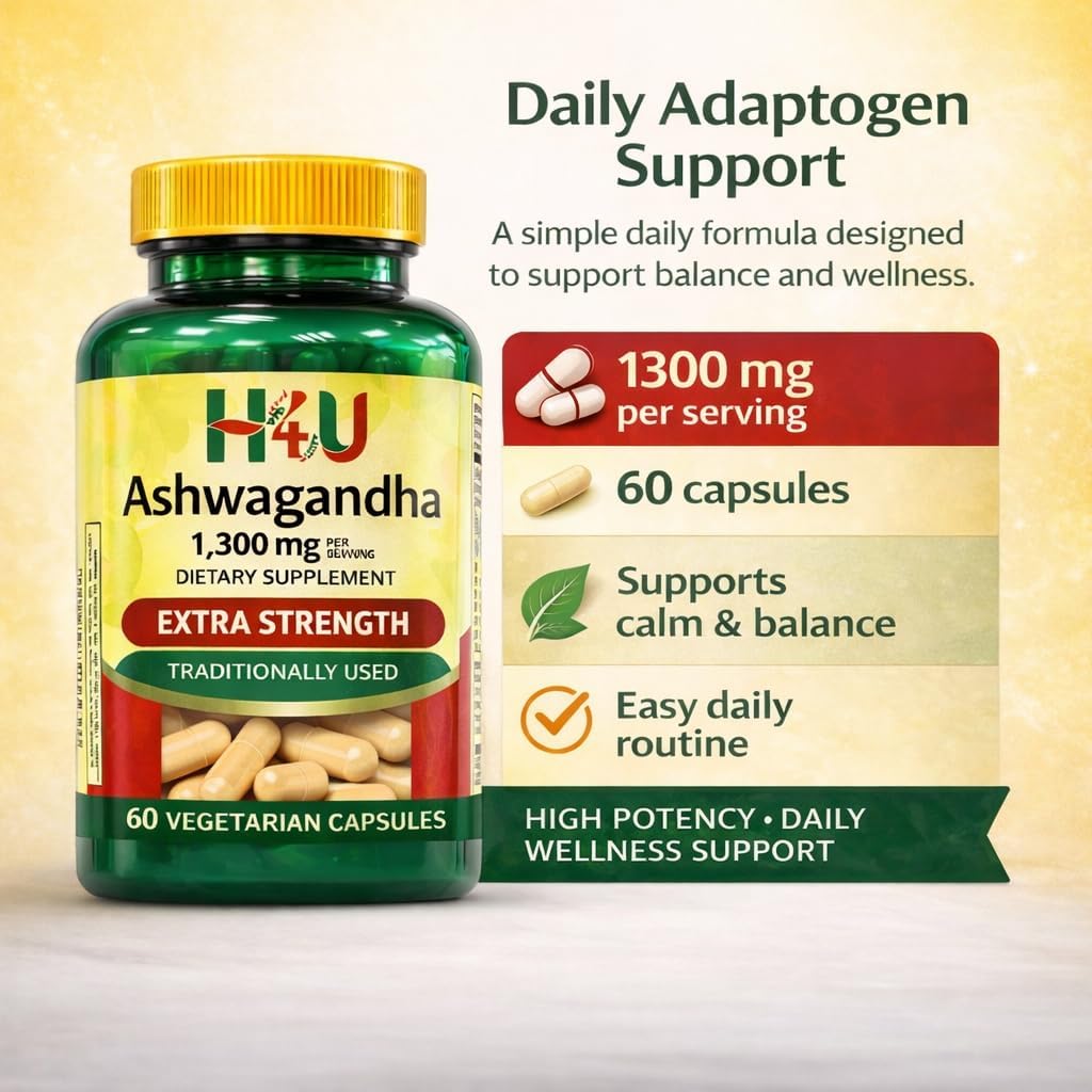 H4U Ashwagandha 1300mg Extra Strength – 60 Vegetarian Capsules – Stress & Mood Support Supplement - Image 3