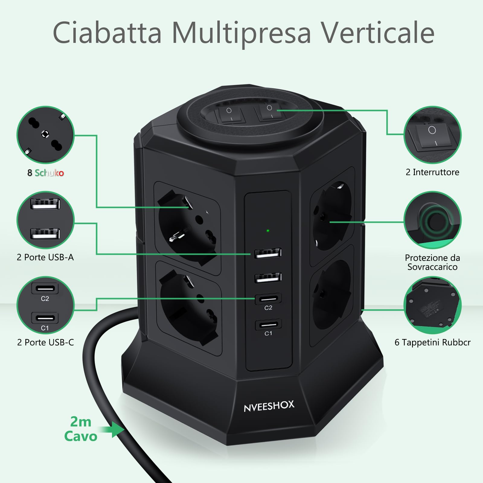 NVEESHOX Mehrfachsteckdose mit 8 Universalsteckdosen Schuko(4000W 10/16A) & 2 USB-C (20W PD3.0) & 2 USB-A, IT Mehrfachsteckdose vertikal mit Schalter mit Schalter, Kabel 2 m (schwarz)