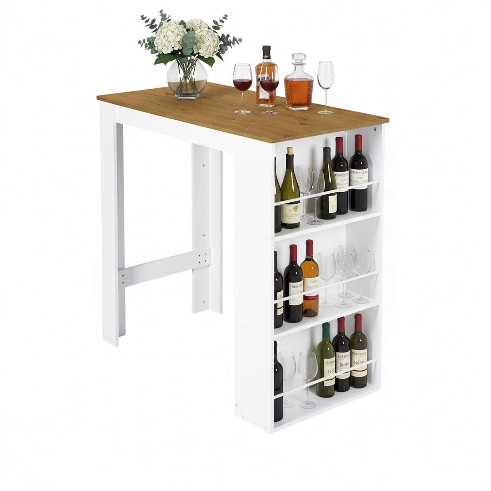 buybyroom Bartisch mit Stauraum Bartisch Küche, Stehtisch Bartheke für Bar Küche Wohnzimmer Esszimmer, 112×57×106cm, Weiß + Dunkle Eiche