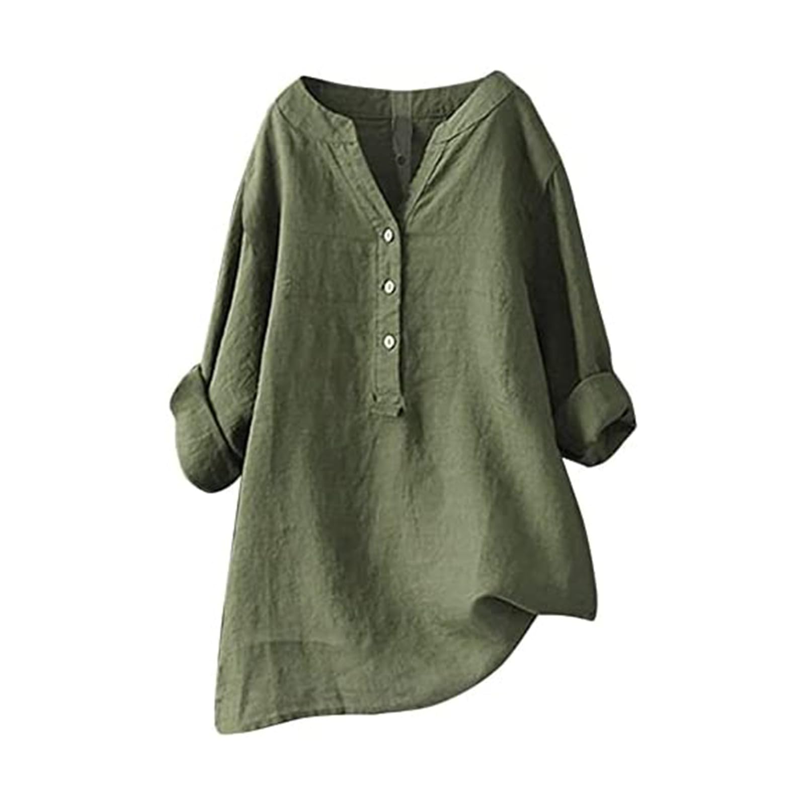 Genérico Camiseta de Lino para Mujer Verano Moda Colores Sólidos Cuello en V Blusas Mujer Tallas Grandes Camisas Mujer Manga Larga Blusa Mujer Tela de Gasa Camisa de Color Sólido