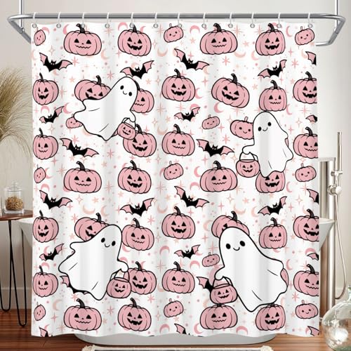 Leowefowa Rideau douche fantôme citrouille rose, dessin animé mignon 72"x72"