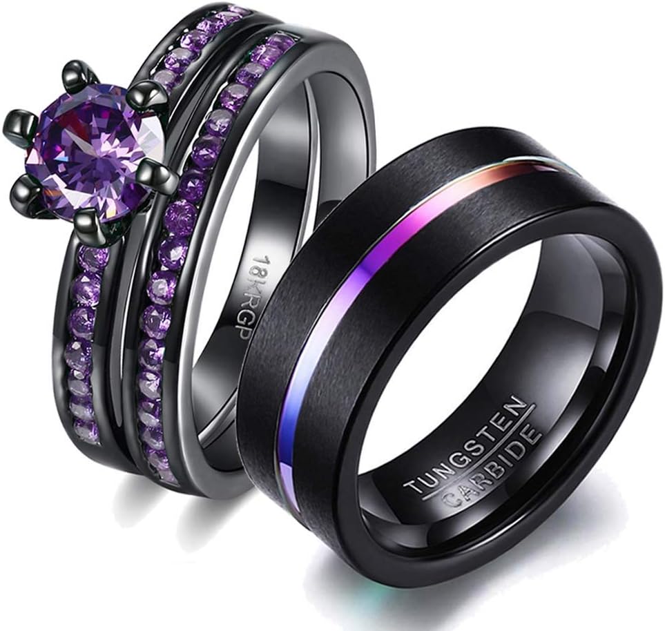 wedding ring set His Hers Couples Matching Rings Women's 18k Black Gold Filled Violet CZ Wedding Engagement Ring Bridal Sets & Men's Tungsten Carbide Wedding Band, women's size 7 & men's size 8,