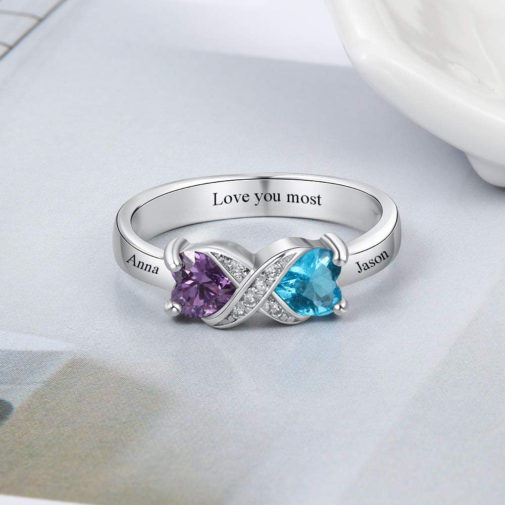 Personalized Infinity Mothers Ring with 2 Heart Simulated Birthstones Engagement Promise Rings for Women