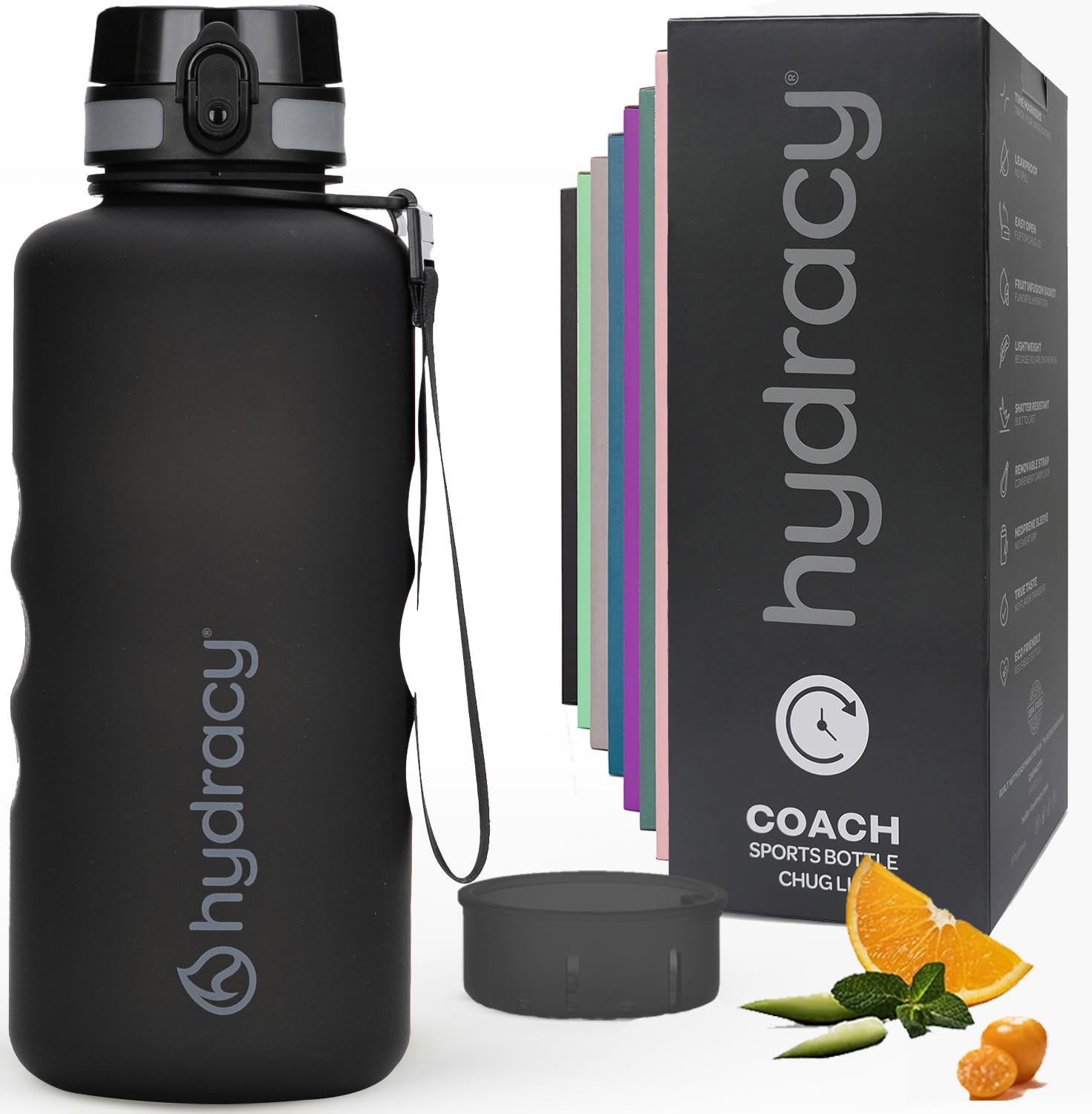 Hydracy 2 Litre BPA Free Water Bottle with Time Marker & No Sweat Sleeve - Leak Proof Gym Bottle with Fruit Infuser - Ideal for Sports, Fitness, Outdoors