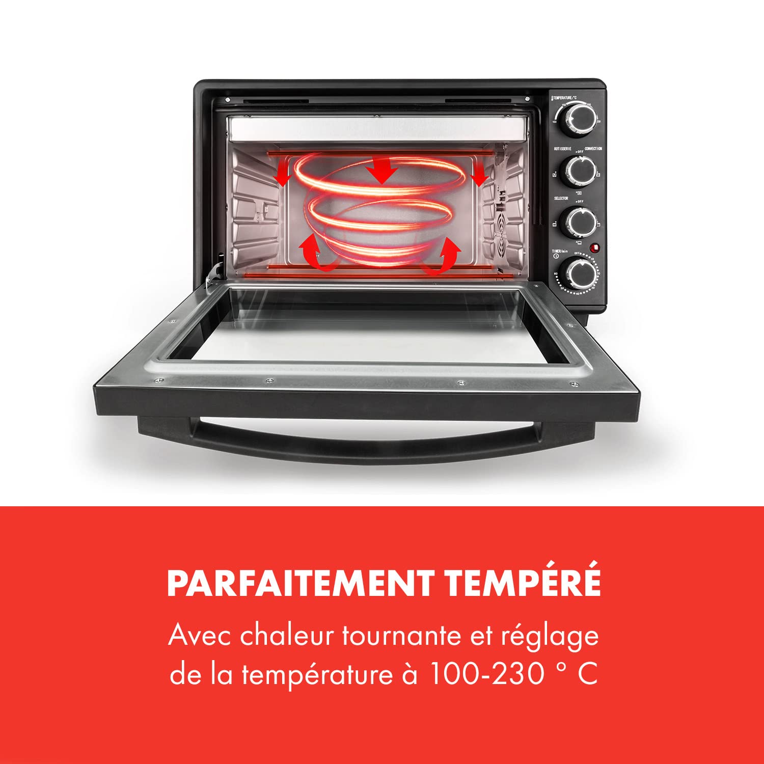Klarstein MasterChef Mini four 100–230 °C, rôtisserie, fonction air circulant, minuteur, double porte en verre, chaleur supérieure et inférieure, éclairage intérieur, acier inoxydable Noir - 45 l