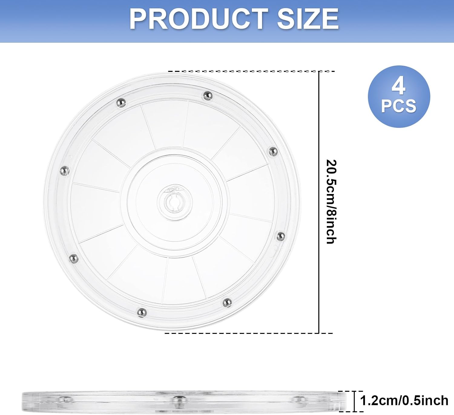WOPPLXY 4 Pcs 8 Inch Lazy Susan Turntable Acrylic Ball Bearing Rotating Tray, Clear Turntable Organizer, Rotating Base Clear Acrylic Plates for Pantry, Cabinet, Spices, Makeup, (360˚ Rotation)