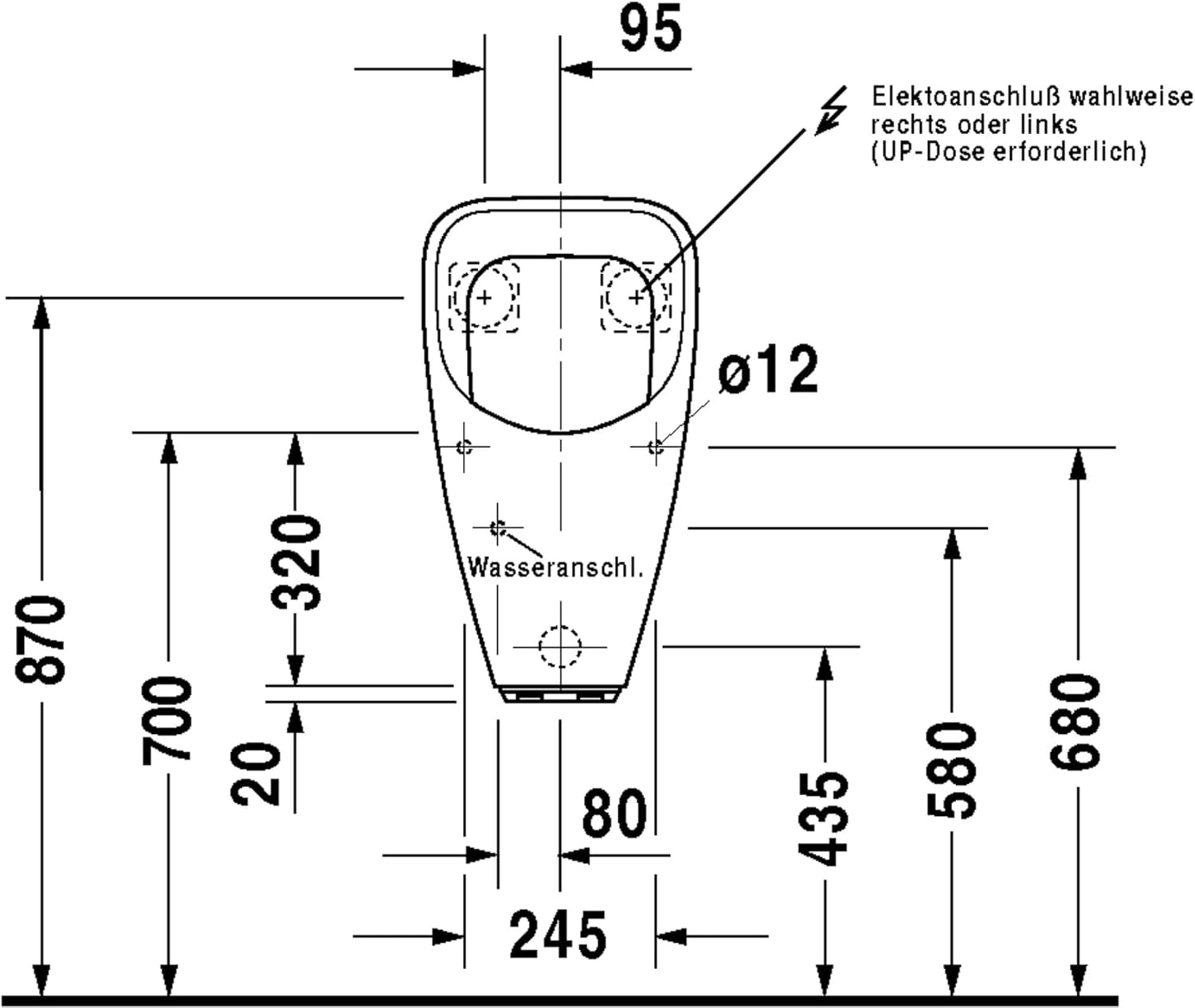 Hareupeun view technical drawing of Duravit Utronic Urinal with dimensions and connection points