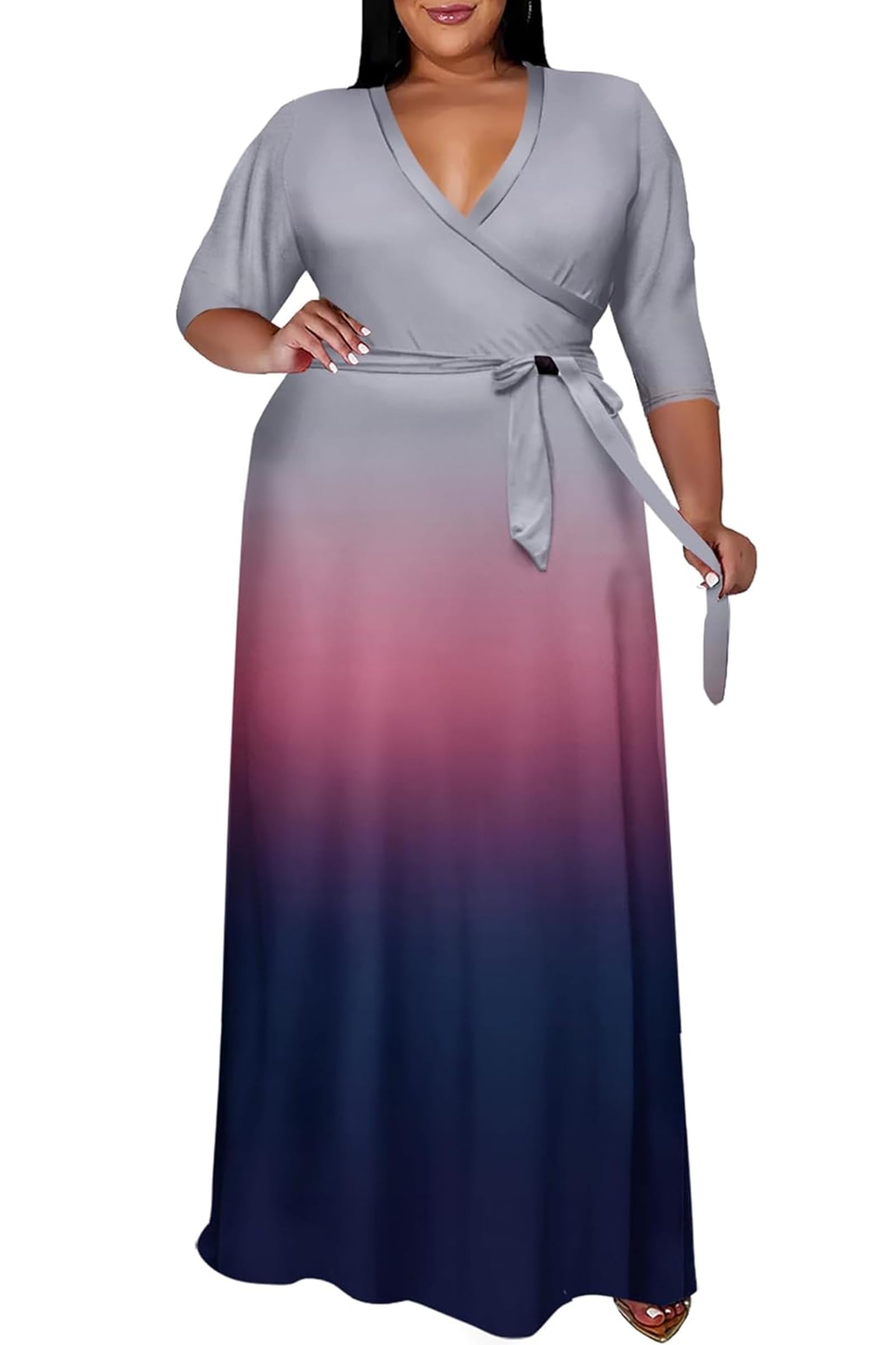 Runwind Plus Size Gradient Maxi Dress with Belt