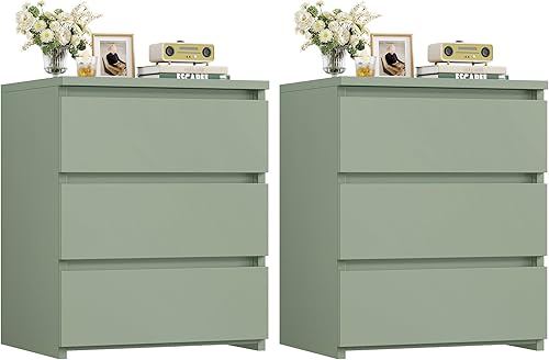 FOTOSOK Juego de 2 mesitas de noche blancas con 3 cajones, mesita de noche blanca para dormitorio con asa recortada, mesa auxiliar de sofá para