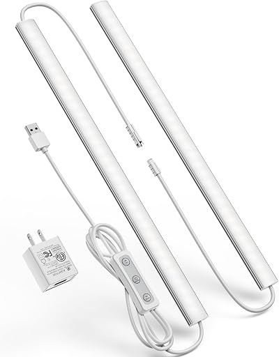 Plug-in Under Cabinet Lighting, Dimmable Counter Lights for Kitchen, 2pcs 12 Inch, Cold White 6000K Linkable USB Led Closet Light, Wired Indoor Night Lights Bar for Desk, Sink,Workbench