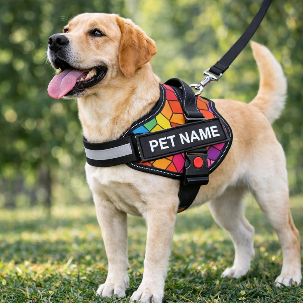 Berlin's PET ACCESSORIES Pettorina per cani personalizzata con nome e numero di telefono, gilet antitiro, pettorina riflettente a prova di fuga, toppe personalizzate con retro a gancio (arcobaleno, M