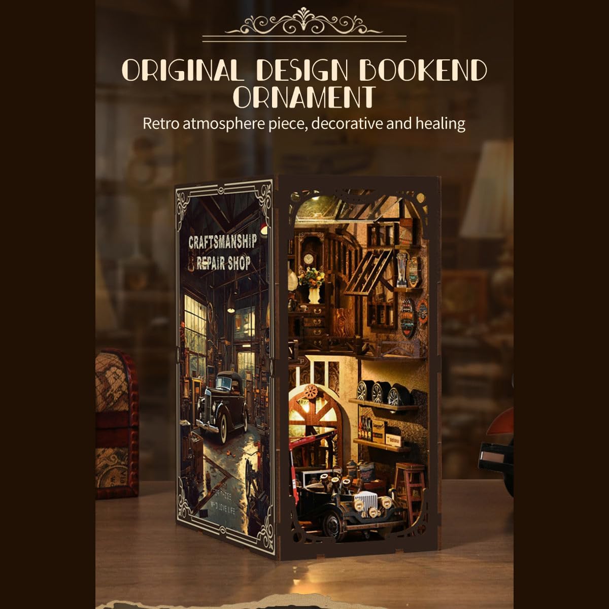 3D木製ハウスパズル、自動車修理店、3D木製DIYミニチュアハウスキット、クリエイティブなデスクトップ装飾ギフト(374ピース)。