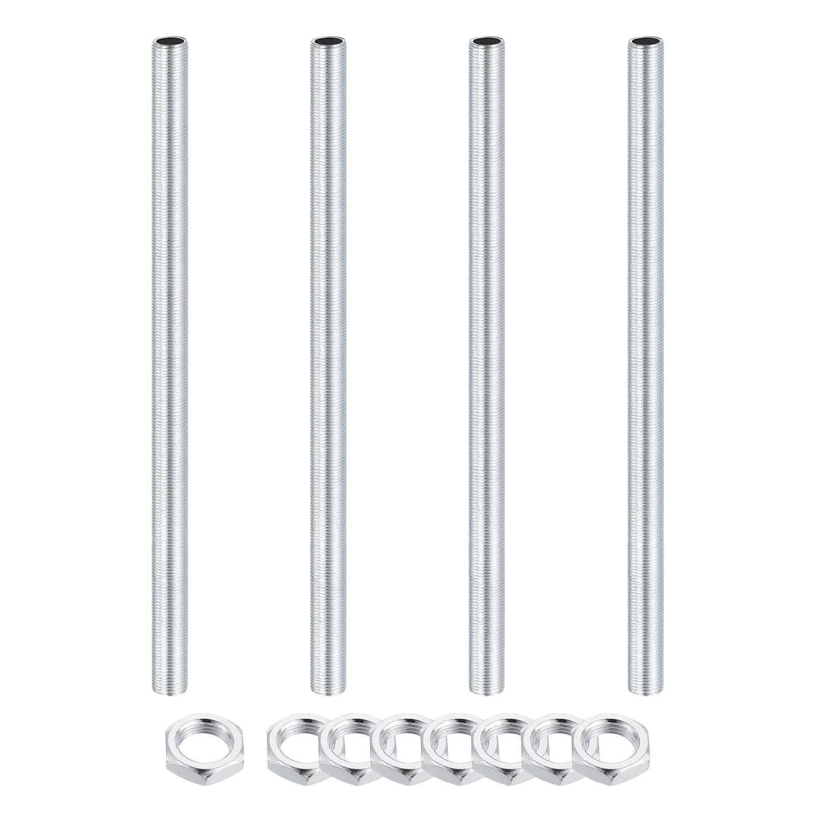 sourcing map 4Pcs 200mm Lamp Pipe Nipples Kit with Lock Nuts, M12x1 Fine All Threaded Hollow Tube Lamp Repair Hardware Fasteners for Chandelier Ceiling Lamps Assembly DIY, White Zinc