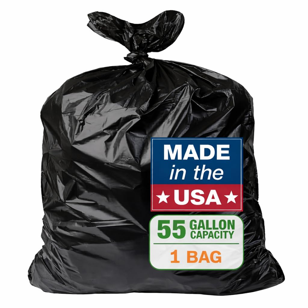 1 Pack 55-60 Gallon Trash Bags, Sturdy & Tear-Resistant Commercial Can Liners | Large Black Garbage Bags for Commercial, Lawn & Leaf Use | Made in the USA