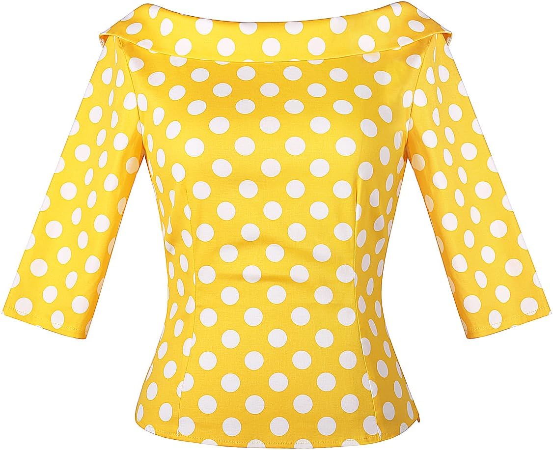 YARN & INK Women's 1950s Vintage Pinup Tops, Back Bow Tie Cute Rockabilly Elegant Shirt, Medium Sleeves Blouse