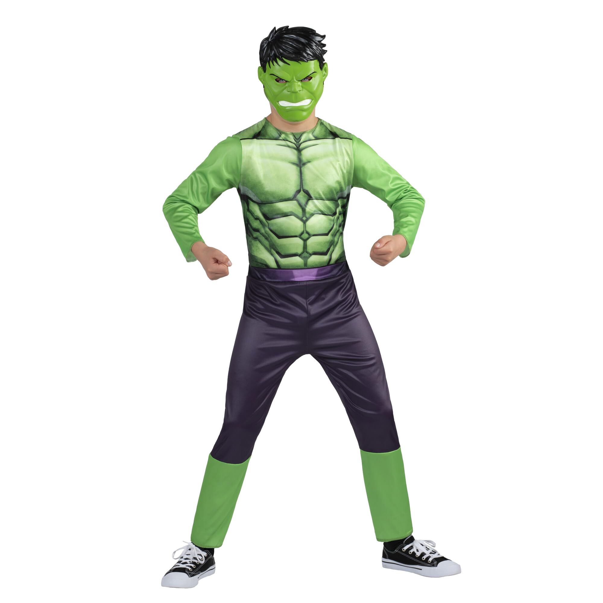 Marvel Hulk Official Youth Halloween Costume - Premium Quality Fabric Jumpsuit with Printed Design and Plastic Mask (Large) Green