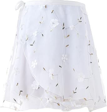 Daydance White Ballet Wrap Skirts for Women Lyrical Embroider Dance Skirts 2 Layers