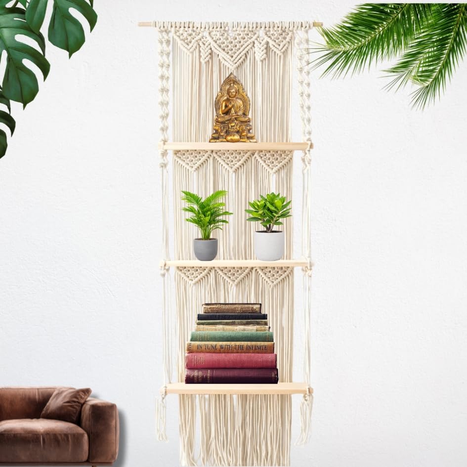 MACRAFY Macrame Hanging Shelf with 4 Tiers, Boho Wall Decor, Natural Cotton Rope, Wooden Shelves, Floating Storage-image-27