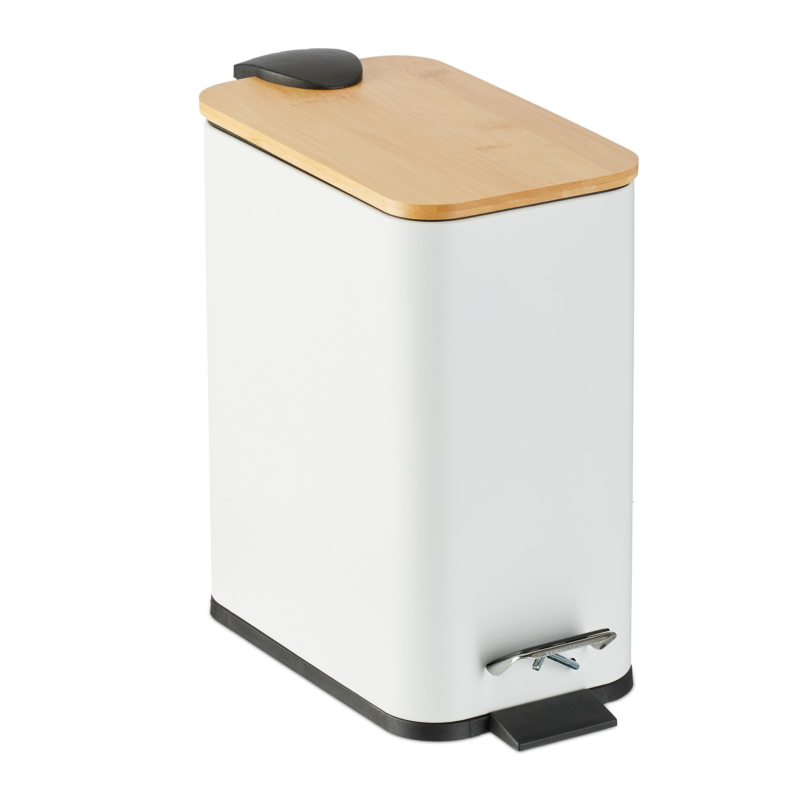 Relaxdays Poubelle de Salle de Bain, 5 litres, métallique, Seau intérieur Amovible, Couvercle en Bambou, Blanche