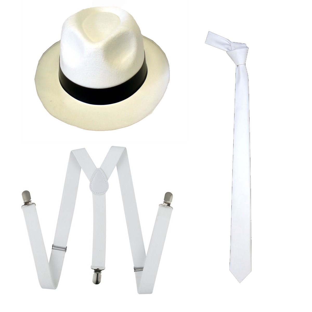 Wickedfun Men's 3 Pieces Full Set Wickedfun® Adult Gangster White Hat Tie Braces Set Felt Trilby Al Capone Mafia 1920S Fancy Dress Party Accessories (3 Pieces Full Set)