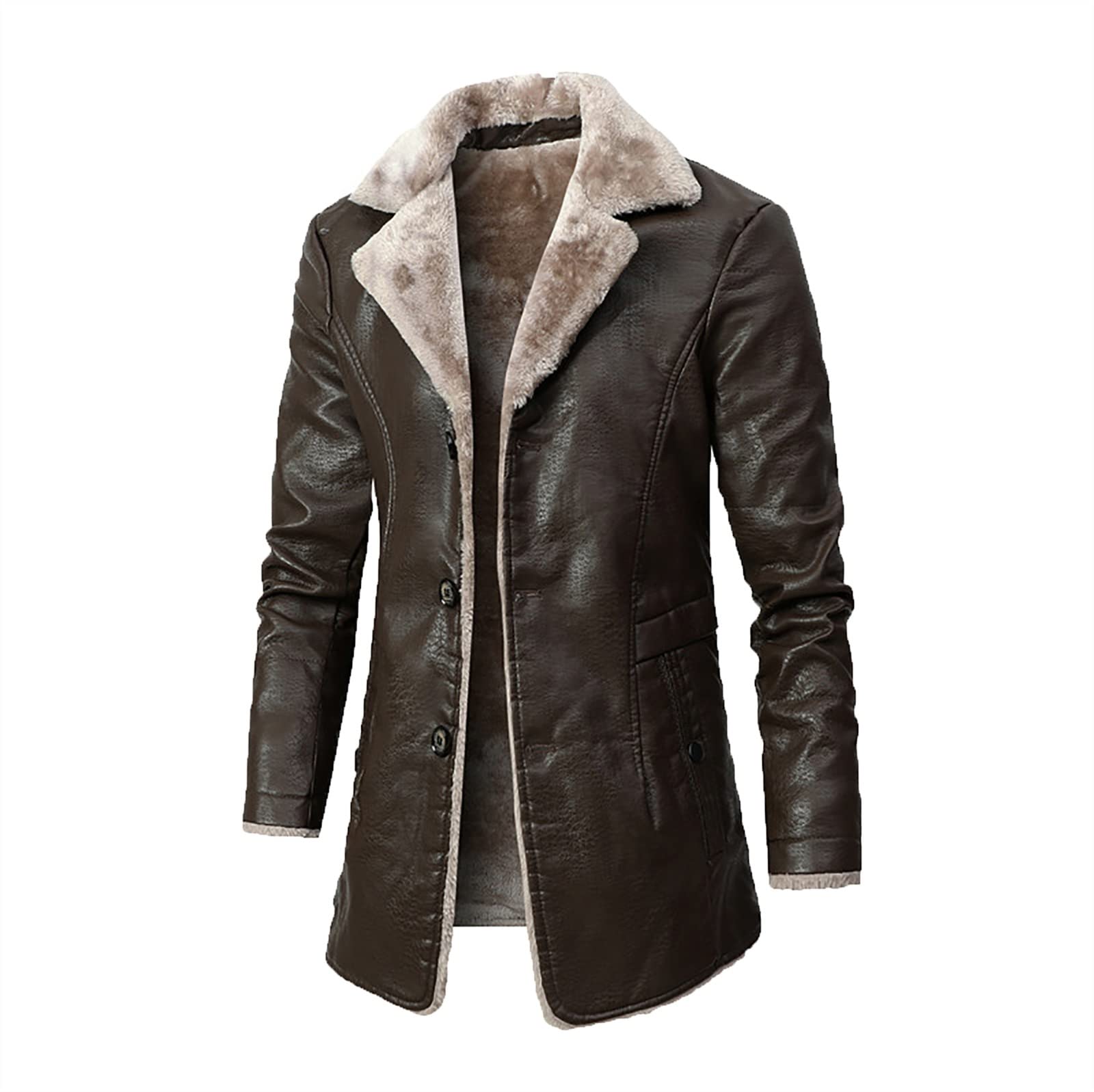 Kumiao Men's Brown Classicvintagewinter Thick Warm Sheepskin Jacket Faux Fur Leather Overcoat Long Coat - Windbreaker Outerwear