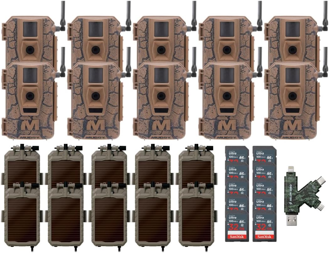MUDDY Mitigator Cellular 24MP Imaging Trail Camera Bundle with 5000mAh Lithium-Ion Solar Battery, 32GB Memory Card, and Card Reader (4 Items)