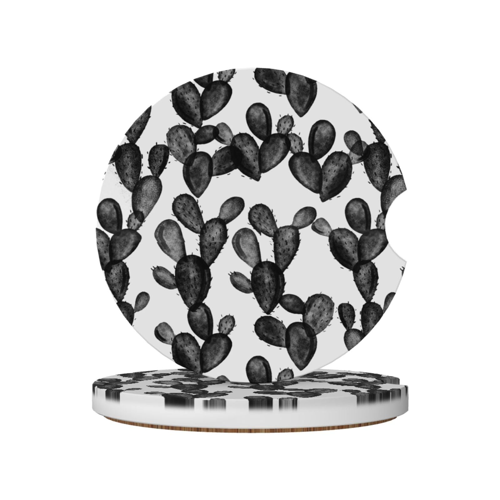 Paddle Cactus Blackest Black, Car Cup Holder Coasters 2 Pack, Absorbent Ceramic Car Coasters with Non Slip Cork Base