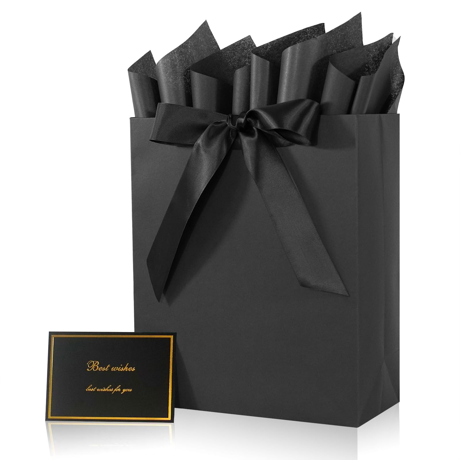 Elegant Black Gift Bag 10.2"x4.7"x12.2" with Ribbons Handles, Includes Card and Tissue Papers for Weddings, Birthdays, Baby Shower, Parties, Holidays