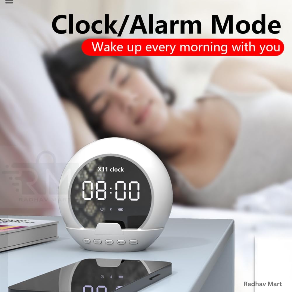 Radhav Mart Digital Alarm Clock for Students & Deep Sleepers — Compact LED Table Clock with Bluetooth Speaker, Phone Holder, Pen Stand for Bedroom, Study, Home Desk (Elliptical Shape, White) 1